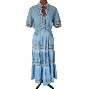 Red + Olive Bohemian Midi Dress Embroidered Details Ruffled Trim Cottage Size L